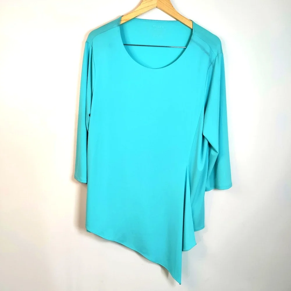Chico's The Ultimate Tee Women Teal‎ 3 Liquid Knit Shark Hem Faux Wrap Lagun Y2K - Picture 2 of 12